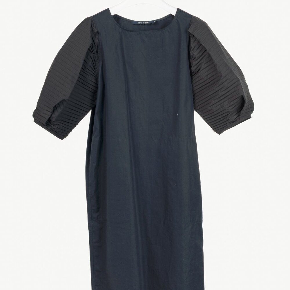 Sofie D'Hoore Navy Cotton Pleated-Sleeve Midi Shift Dress